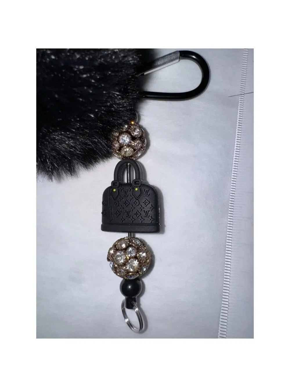 Luxury Inspired Faux Fur Pom Pom Bag Charm Keychain Purse Charm Black Red